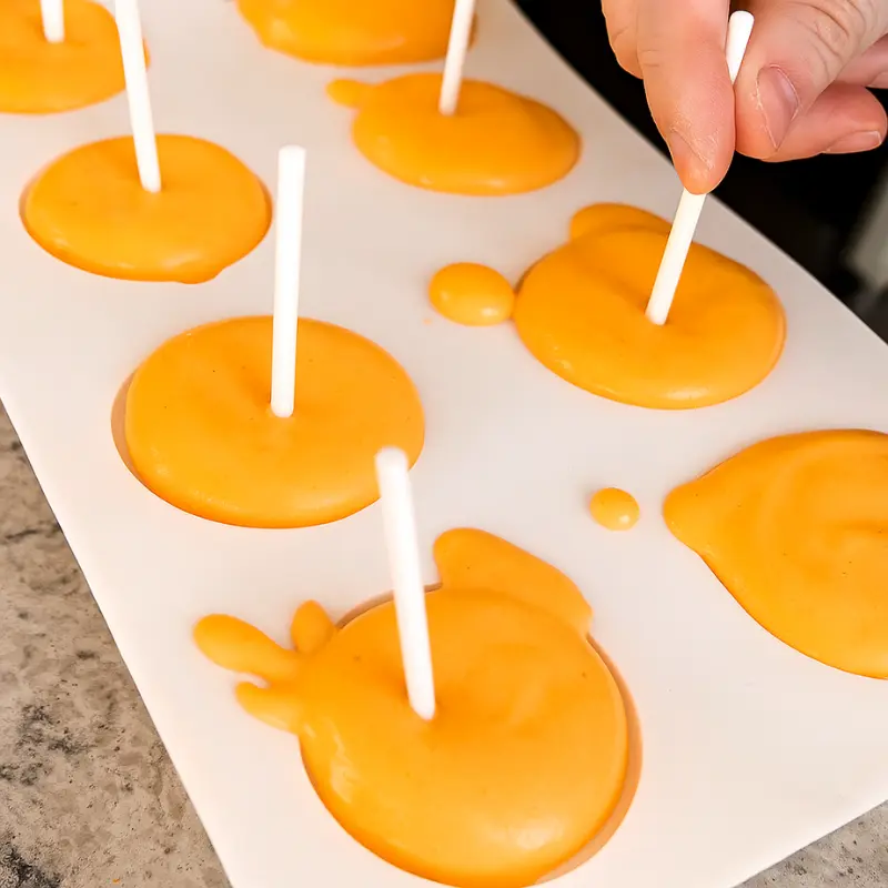 How To Make Orange Shaped Ice Cream 14 Person inserting sticks into pastel orange ice cream pops