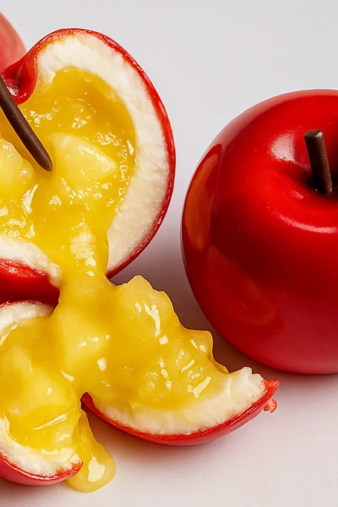 Fruit Shaped Dessert – 8 Easy Ways To Impress Guests At Home 9 Glossy apple shaped dessert with yellow fruit filling and chocolate stem