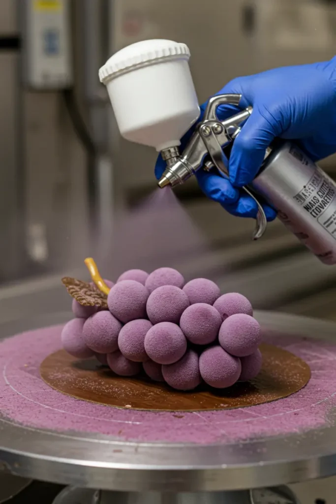 Grape Shaped Pastry 10 Pastry being sprayed with purple cocoa butter coating