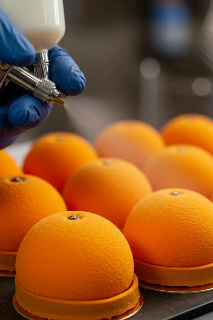 Orange Shaped Pastry 21 dessert being sprayed with orange cocoa butter