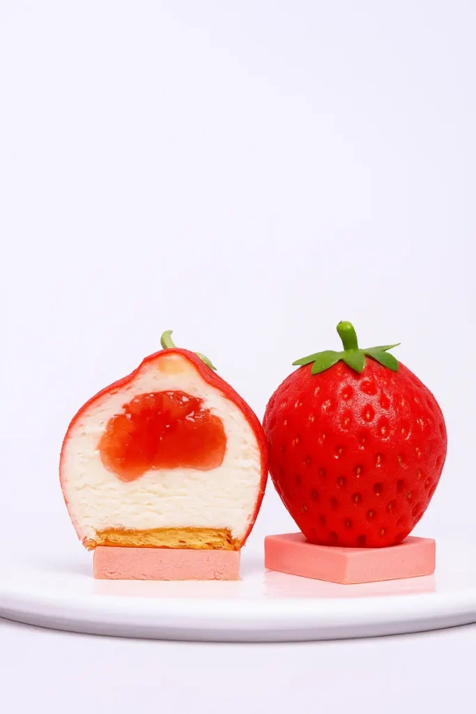 Strawberry Shaped Pastry 10 Decorating strawberry shaped pastry using a knife for texture