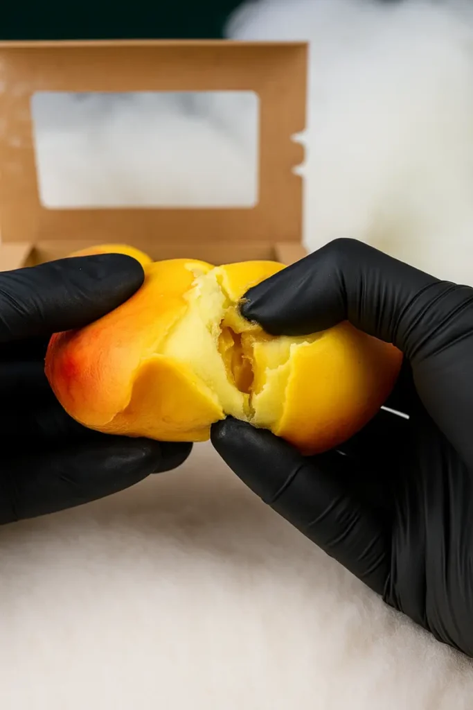 Mango Shaped Pastry 12 Gloved hands splitting open a mango-shaped pastry to show juicy filling