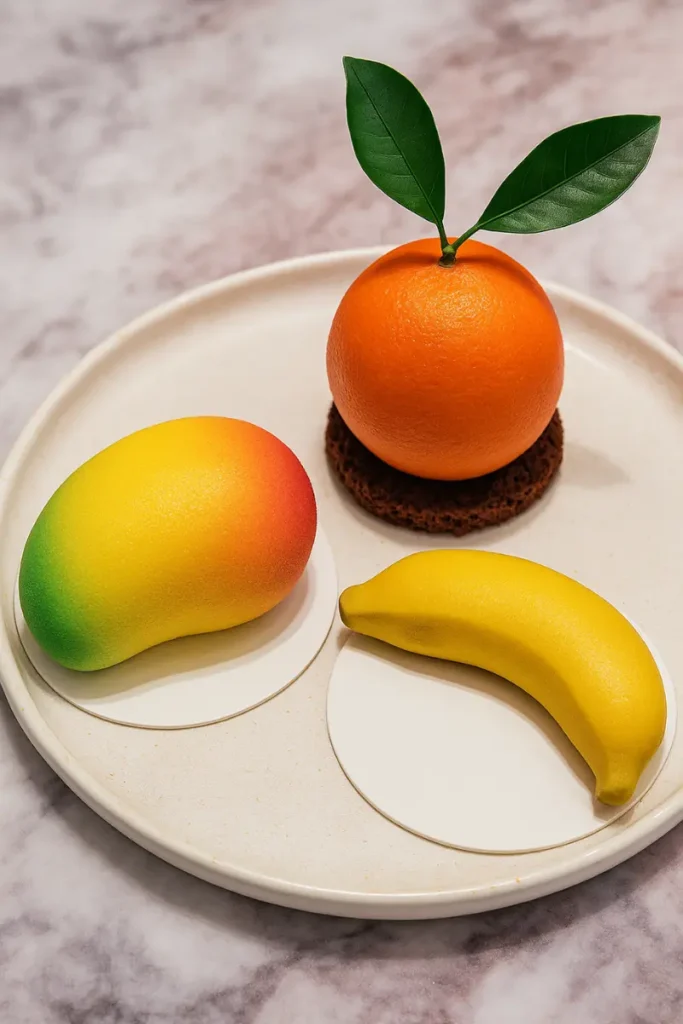 Fruit Shaped Pastries 14 Mango, banana, and orange-shaped mousse pastries on a tray