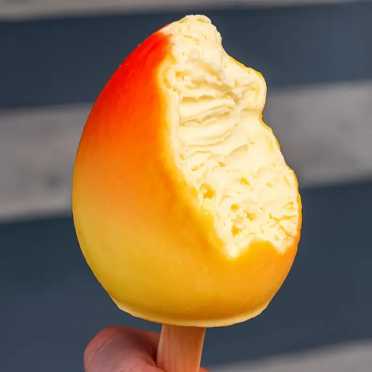 Viral Fruit Shaped Ice Cream Secrets You’ll Regret Missing 7 A hand holds a creamy mango-flavored viral fruit shaped ice cream with a visible bite showing the soft texture inside.
