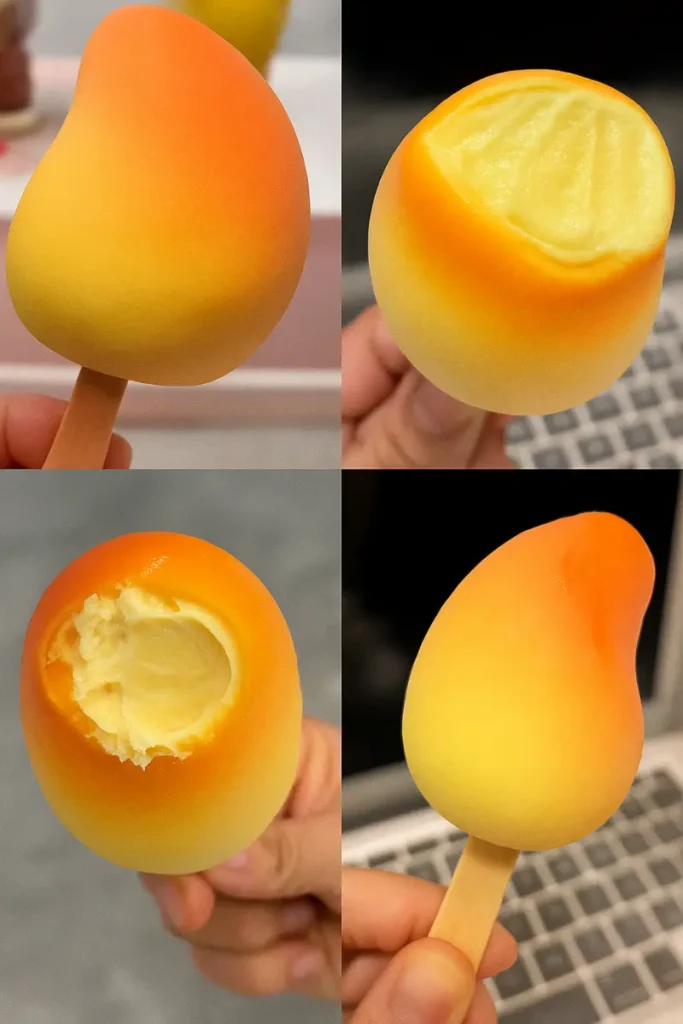 Viral Fruit Shaped Ice Cream Secrets You’ll Regret Missing 9 A collection of four mango-inspired viral fruit shaped ice creams in different bite stages, showing off their creamy yellow centers.