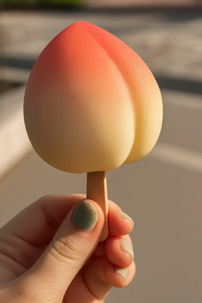 Viral Fruit Shaped Ice Cream Secrets You’ll Regret Missing 8 Peach-inspired viral fruit shaped ice cream held by a stick, with soft cream-to-pink coloring and realistic curves.