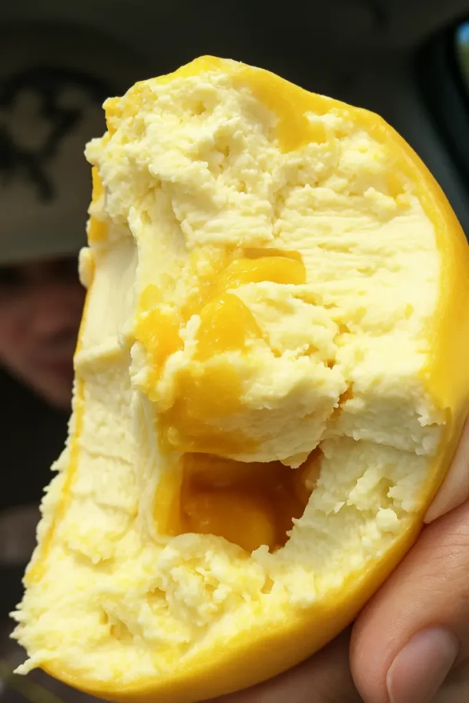 Mango Shaped Pastry 8 Inside view of a mango-shaped pastry with creamy filling and mango pieces