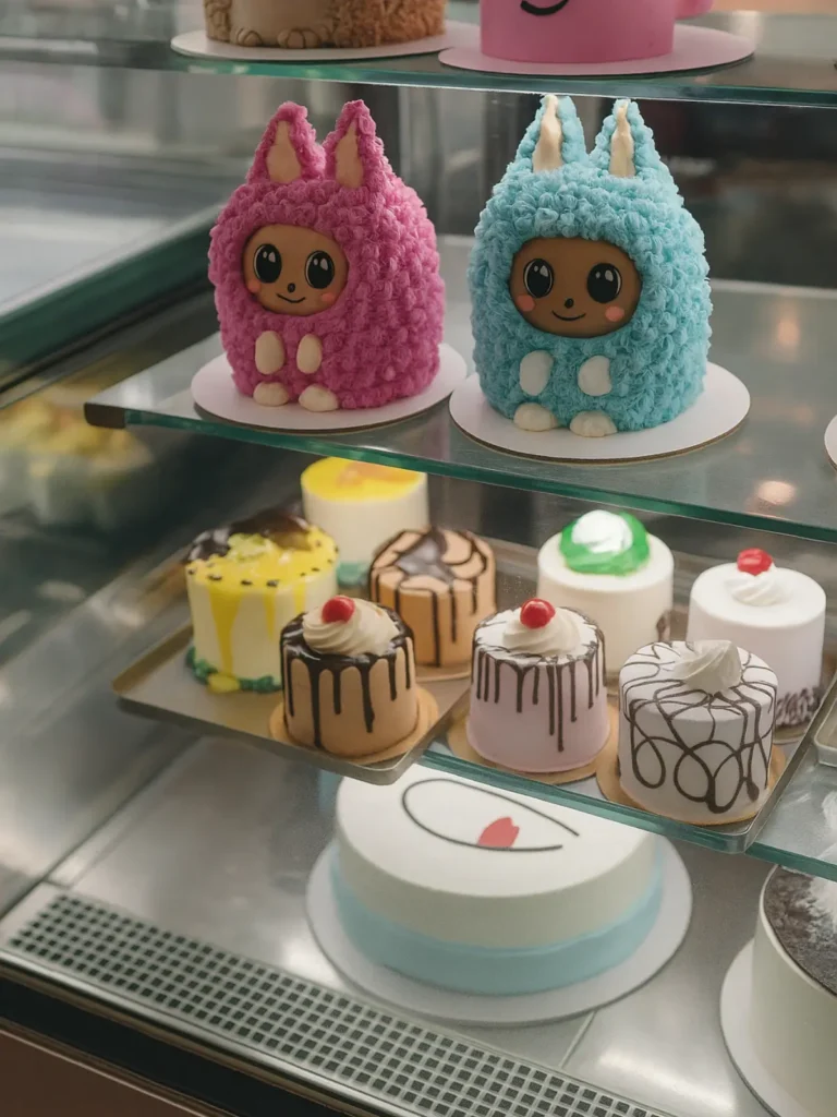 Where to Buy Labubu Cake from Baskin Robbins Near You 3 Labubu character cakes in a Baskin Robbins dessert case in various colors