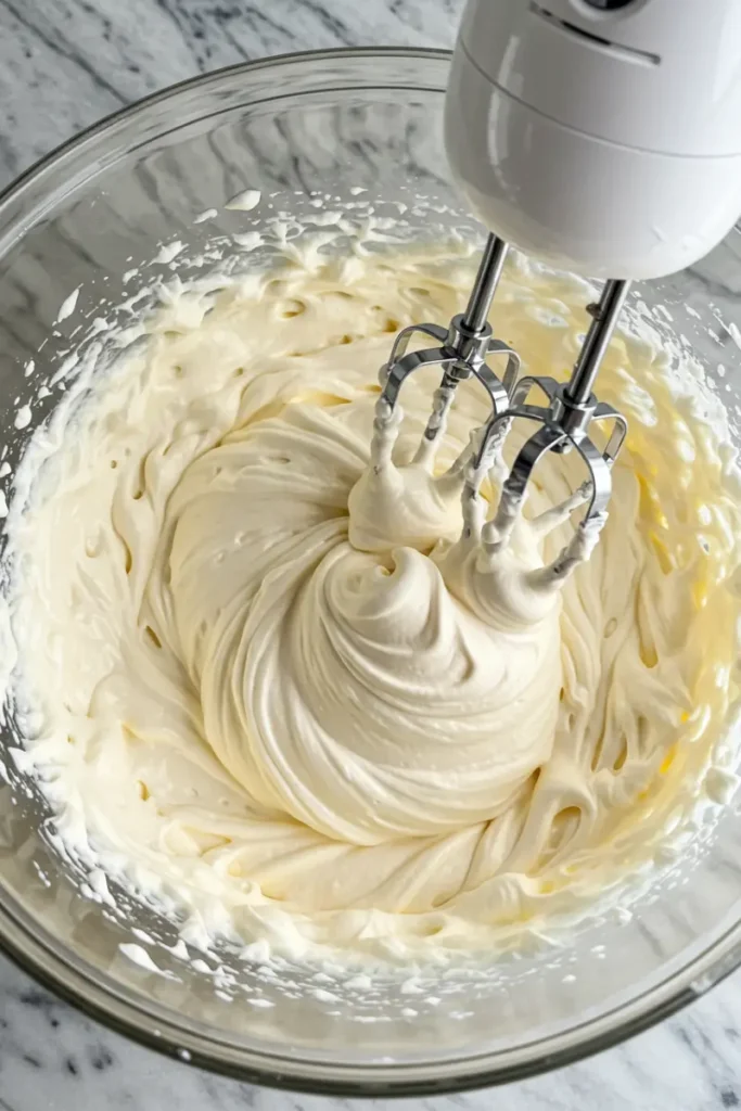 Viral Peach Ice Cream Recipe 22 whipped cream in a mixing bowl as part of viral peach ice cream prep