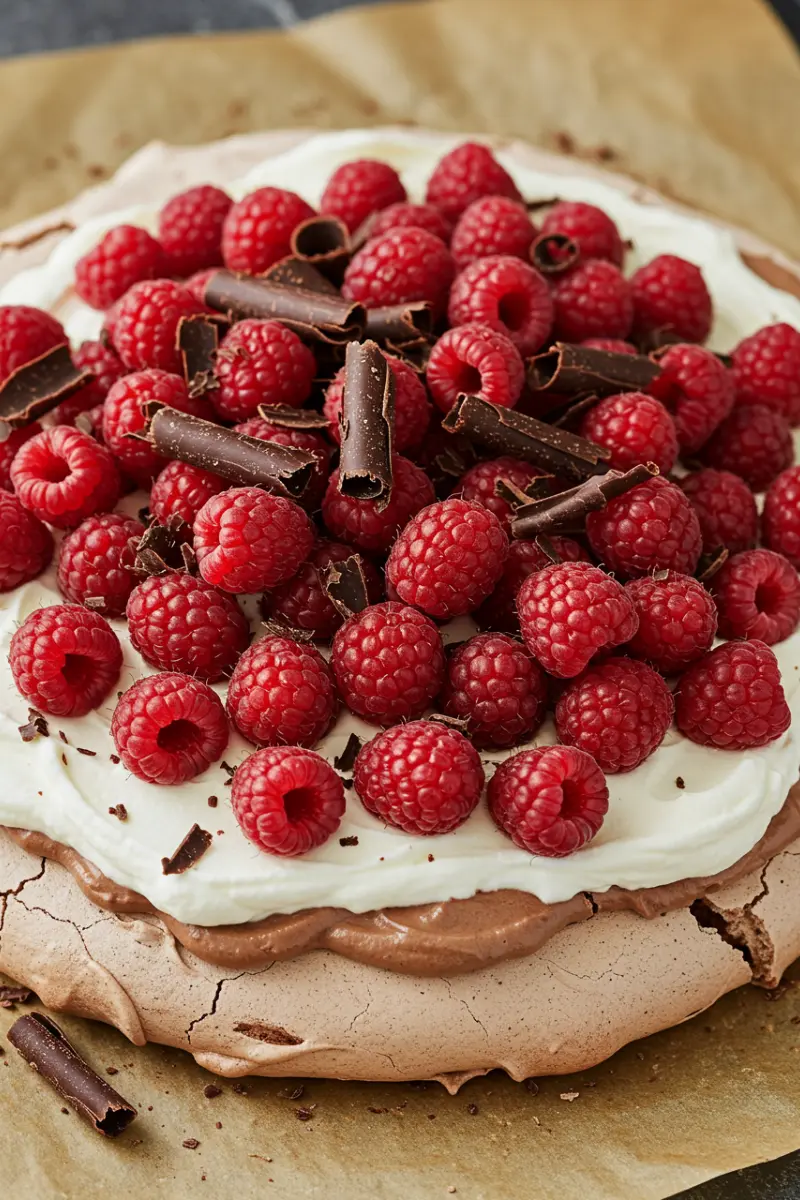 Nigella Chocolate Pavlova: Make Easy Sweet Recipe 22 Nigella chocolate pavlova topped with whipped cream, fresh raspberries, and dark chocolate shavings