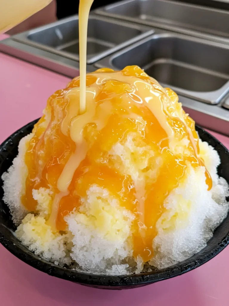 frozen dessert Asia with vanilla ice cream and mango chunks