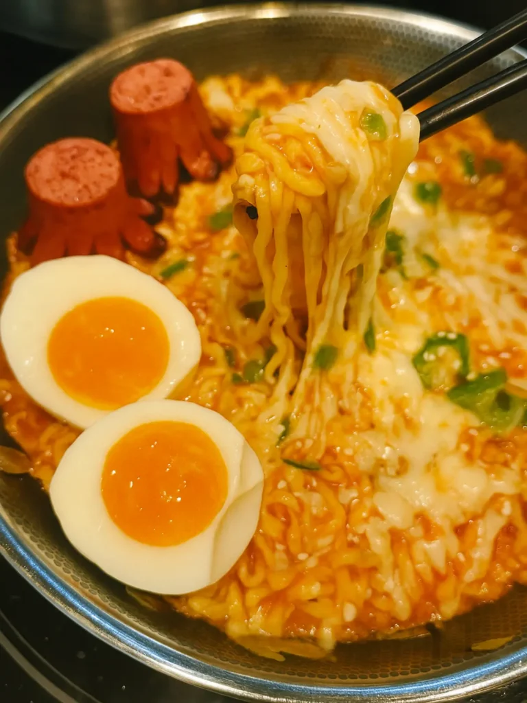 Buldak Ramen Mukbang Recipe With No Mercy Heat 9 soft egg yolk dripping over hot spicy noodles