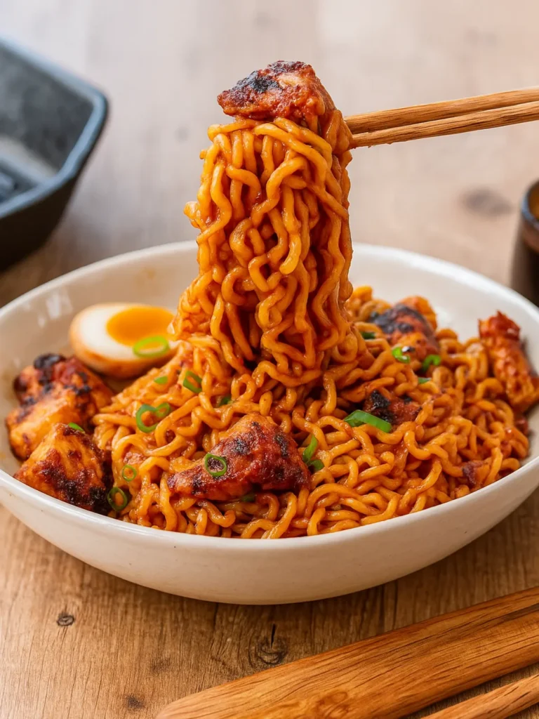 Buldak Ramen Mukbang Recipe With No Mercy Heat 7 spicy sausage and noodles swirled on a spoon for mukbang