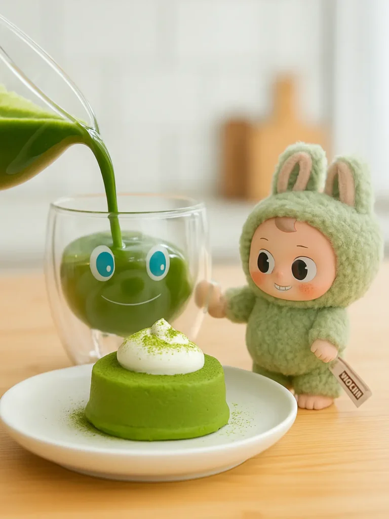 Labubu doll next to matcha latte at Brew & Chew café in Dubai