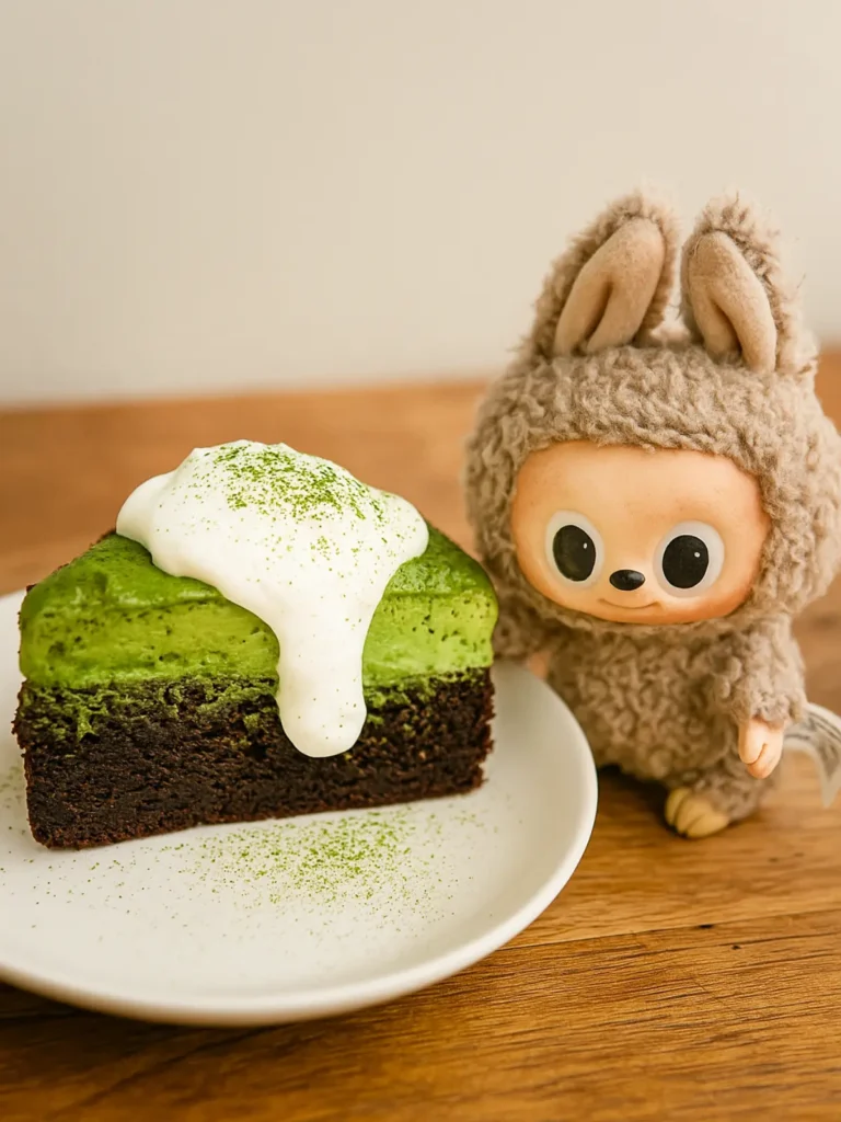 Matcha latte topped with chocolate Labubu figure beside cherry blossom decor