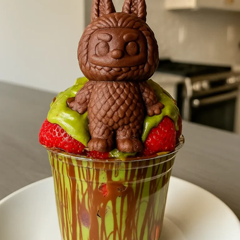 DIY version of Dubai chocolate Labubu matcha latte with layered cream and toppings