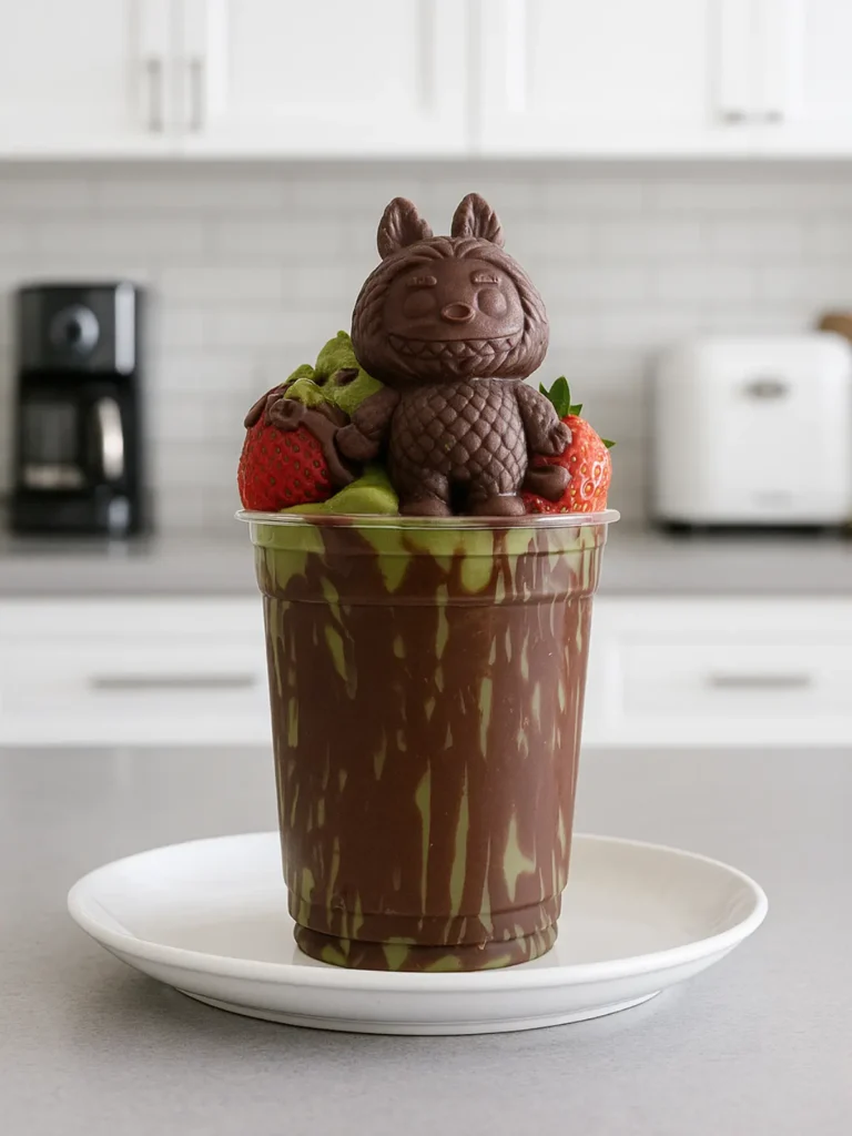 Chocolate Labubu shell cracked open to reveal matcha filling and Dubai dessert layers