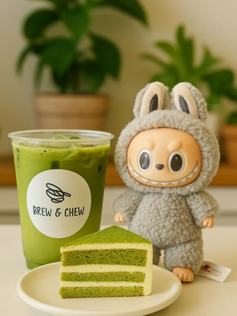 Dubai Chocolate Labubu Matcha Latte served with whipped cream and chocolate figure