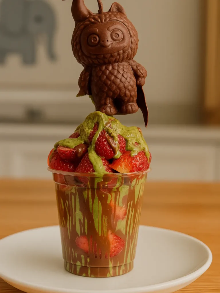 Dubai chocolate Labubu matcha character lifted from dessert with strawberries and cream