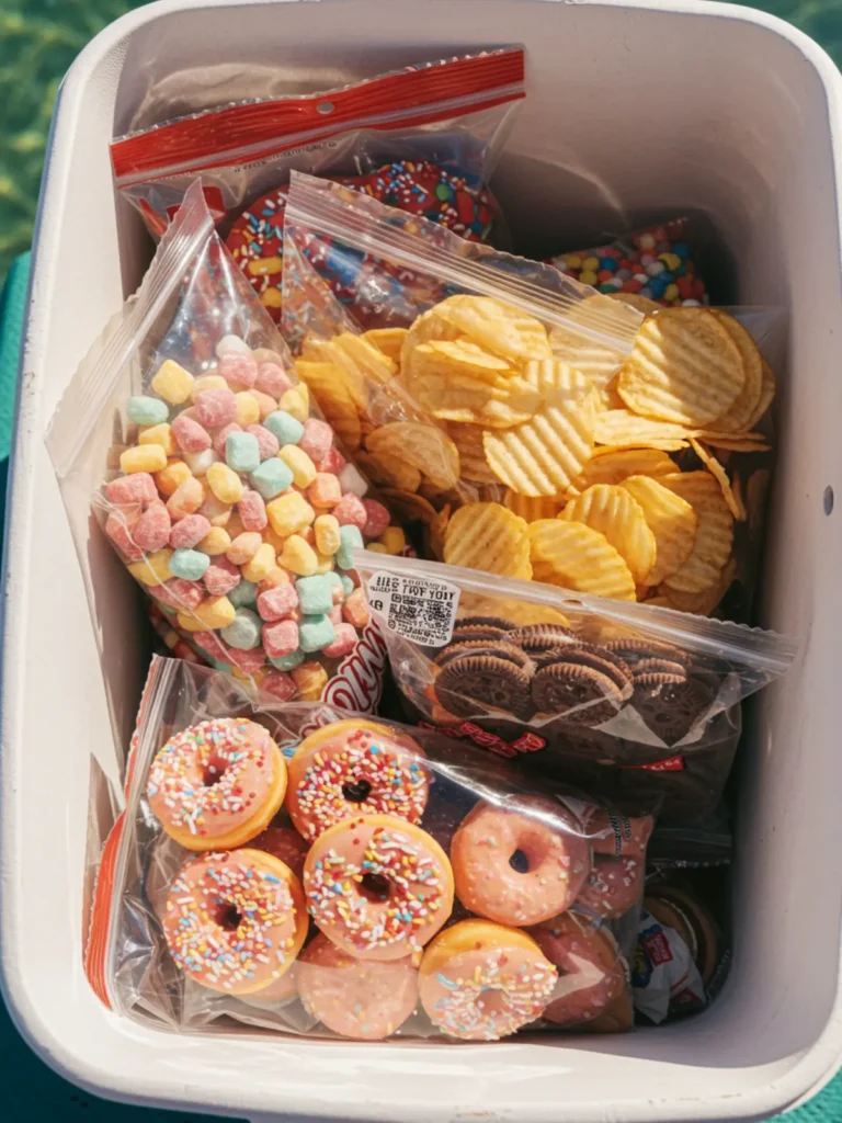 25 Easy Snacks for Boating You’ll Love 12 Indulgent treats like mini donuts, chips, and candy displayed as fun snacks for boating
