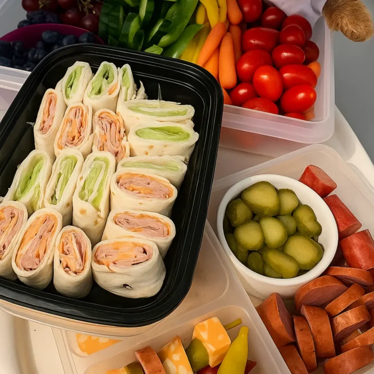 Best Boat Snacks for Every Boating Adventure 8 Colorful spread of fresh vegetables, wraps, sliced sausage, pickles, and cheese cubes packed in snack containers for a fun boat outing.