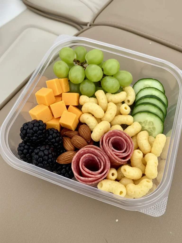 Best Snacks for the Boat: What to Pack & Avoid 11 Sectioned snack box with fruits, nuts, cheese cubes, and fun treats like macarons
