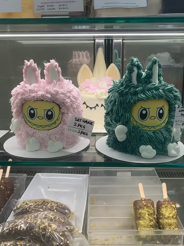 Pink Labubu cake from Baskin Robbins with yellow face and cute ears