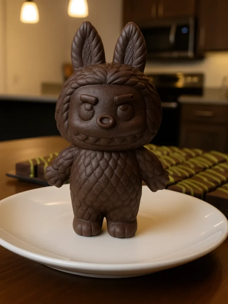 dark Dubai Chocolate Labubu character dessert with bunny ears