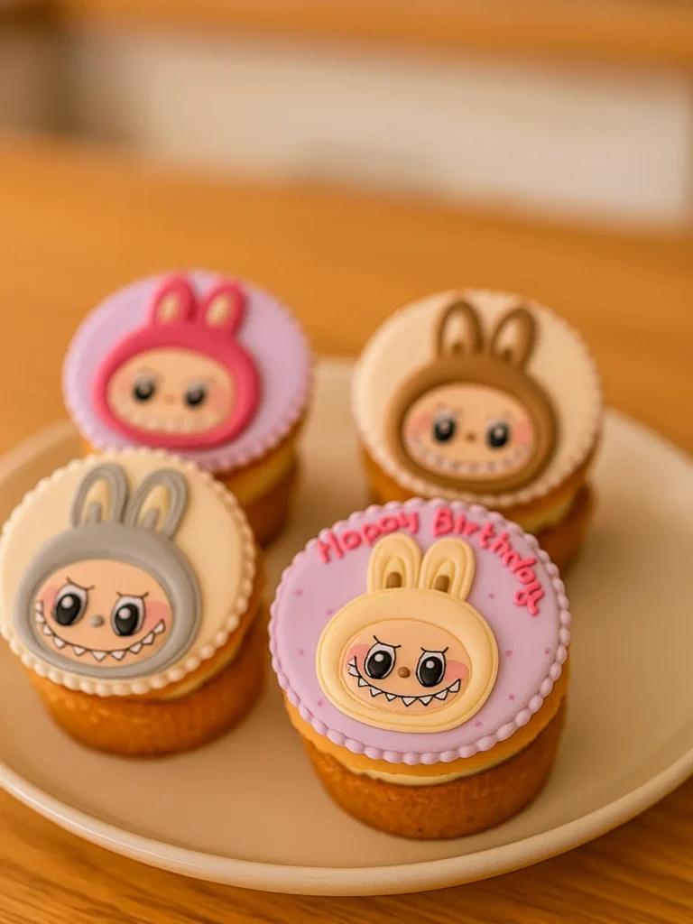 Mixed Labubu-themed muffins styled with piped details and toppers