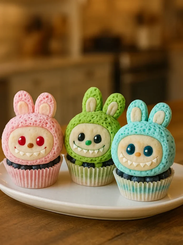 Vanilla cupcakes with Labubu edible toppers in bunny suits