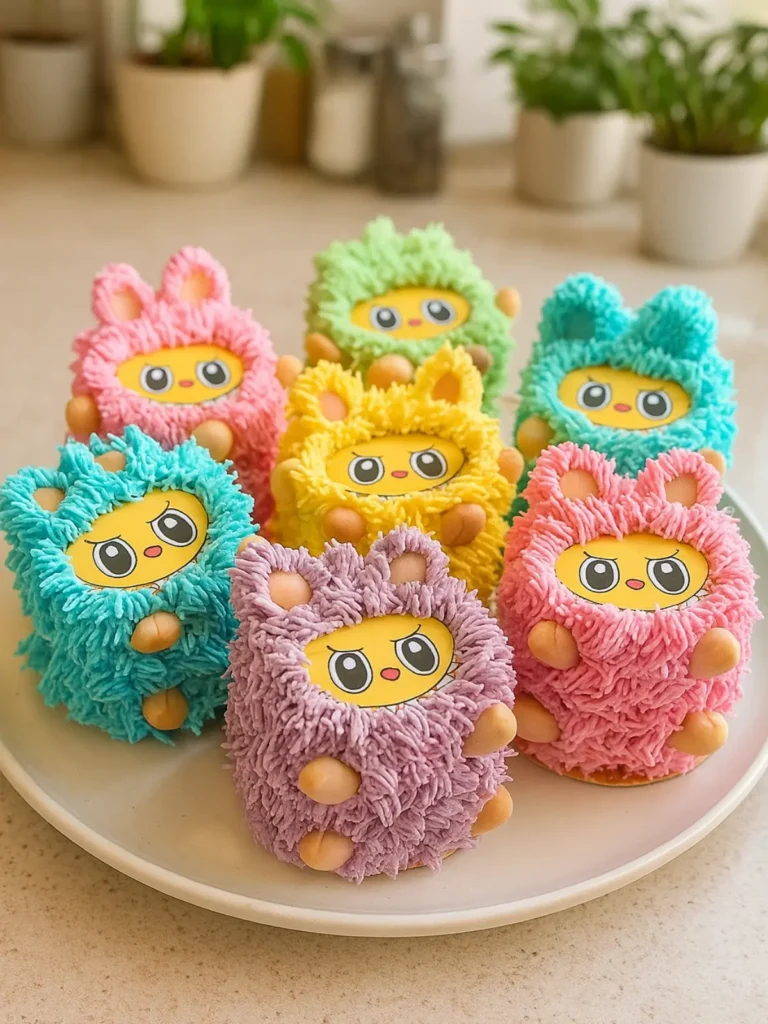 Labubu muffins decorated with pastel frosting and candy eyes