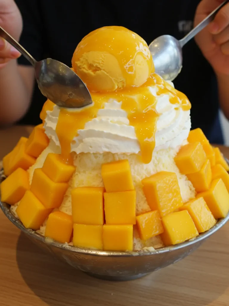 frozen dessert Asia being prepared with shaved ice and mango syrup