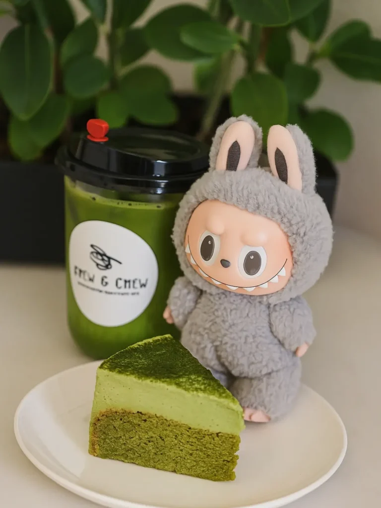 Matcha being poured into a cup with a Labubu chocolate figure inside