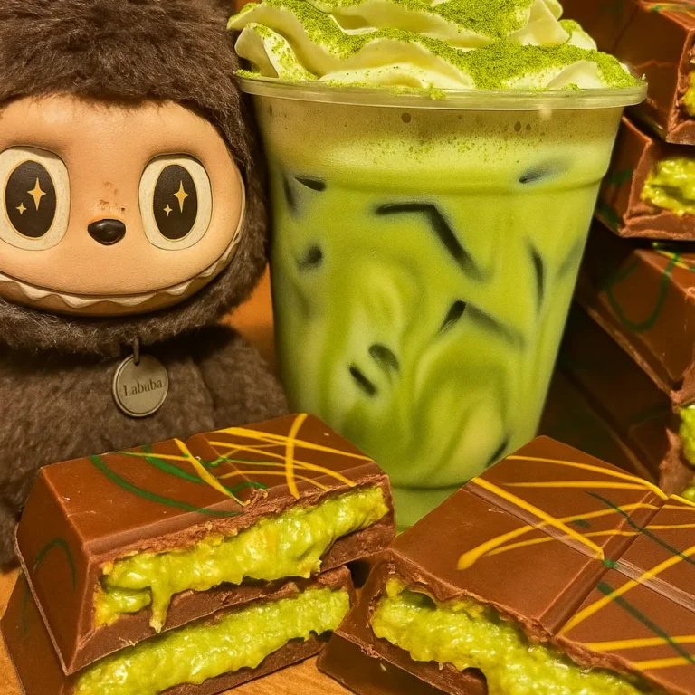 Matcha cake with whipped cream served with a chocolate Labubu figure