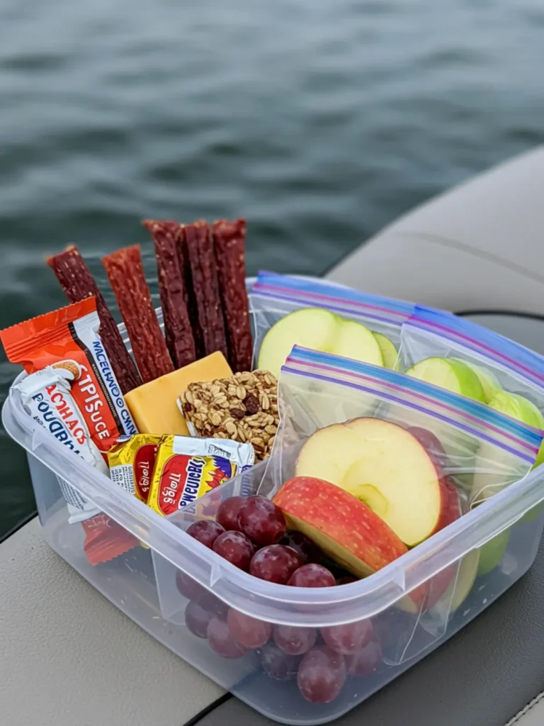 25 Easy Snacks for Boating You’ll Love 10 Assorted snacks for boating including trail mix, granola bars, and sliced fruits packed for a day trip