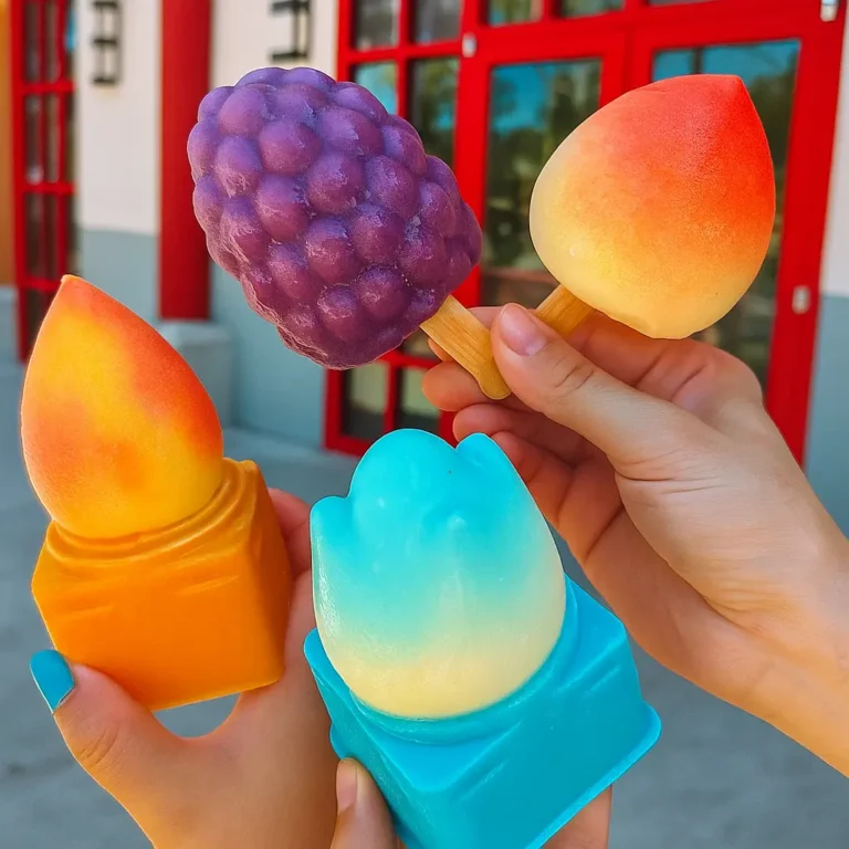 Viral Asian frozen desserts shaped like grapes and peaches, placed on white plates in a bright kitchen