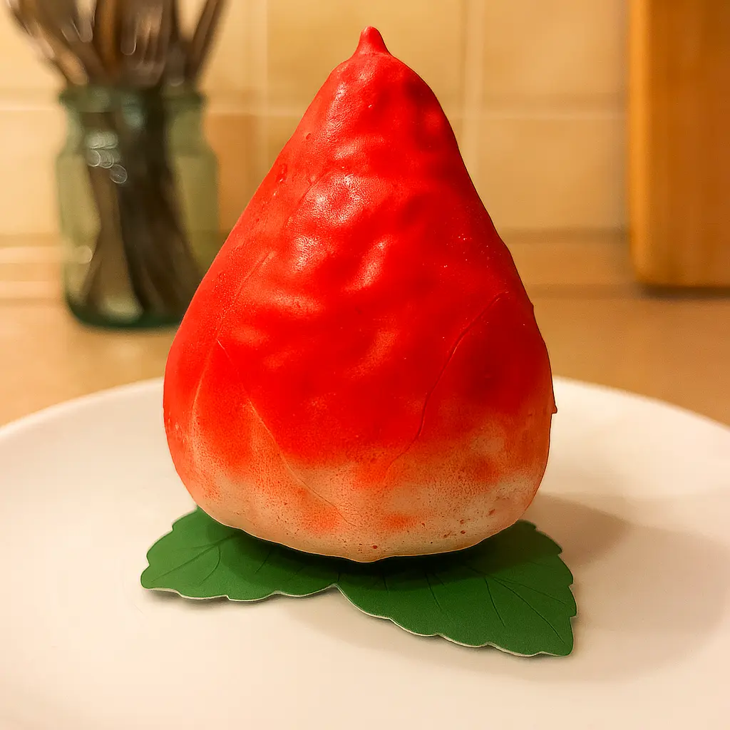 Red strawberry-shaped frozen treat with green leafy detail on a plate