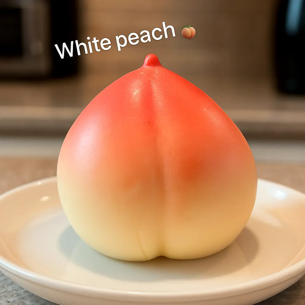 White peach-shaped frozen dessert on a table inside a home kitchen