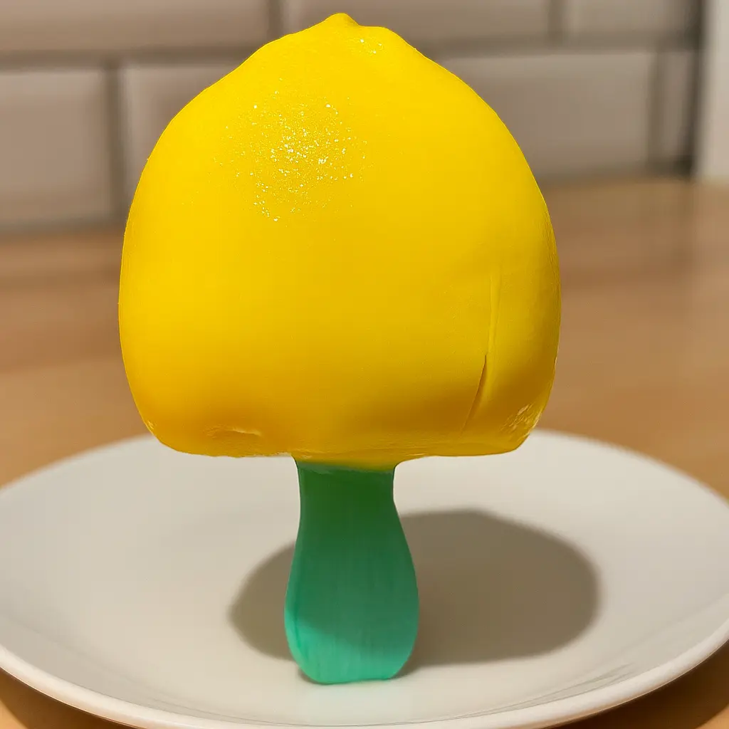 Yellow lemon-shaped frozen dessert from Asia on a white plate