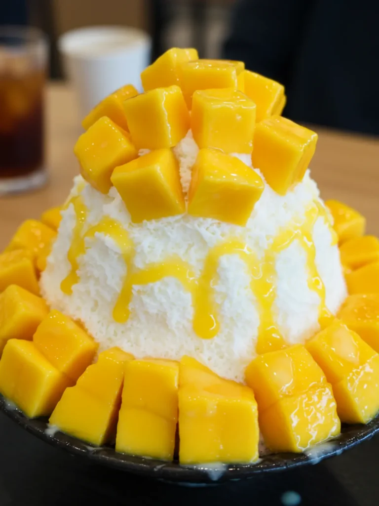 frozen dessert Asia mango bingsu with whipped cream and syrup