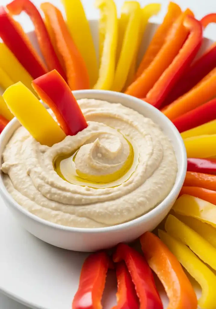 35 Super Easy Snack Ideas for School 11 Colorful bell pepper strips with a container of hummus, a healthy and easy snack idea for school.