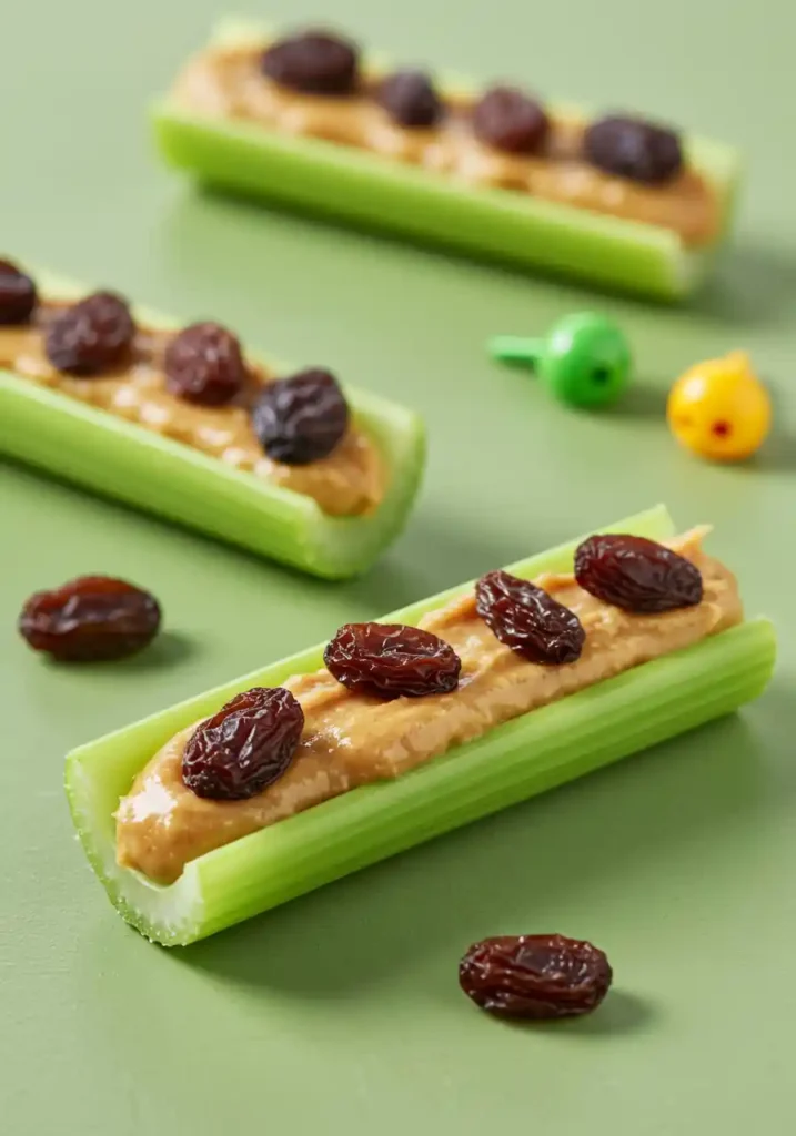 35 Super Easy Snack Ideas for School 9 Celery sticks with sunflower seed butter and raisins, a fun and easy snack idea for school.