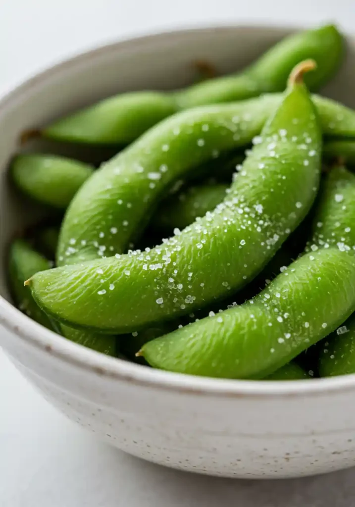 35 Super Easy Snack Ideas for School 35 A bowl of steamed edamame pods with sea salt, a healthy and easy snack idea for school.