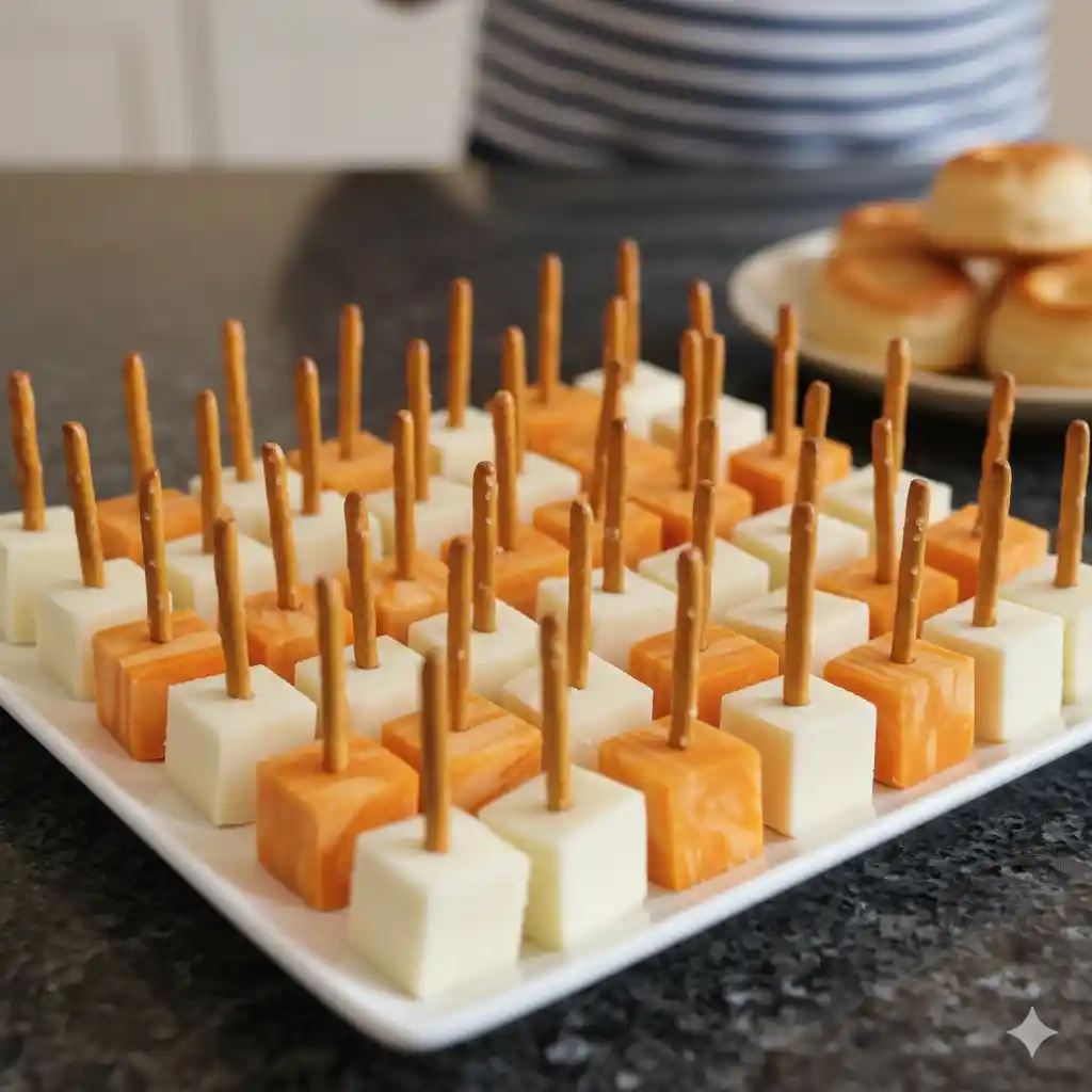 35 Super Easy Snack Ideas for School 15 Pretzel sticks with cubes of cheddar cheese, a classic and easy snack idea for school.