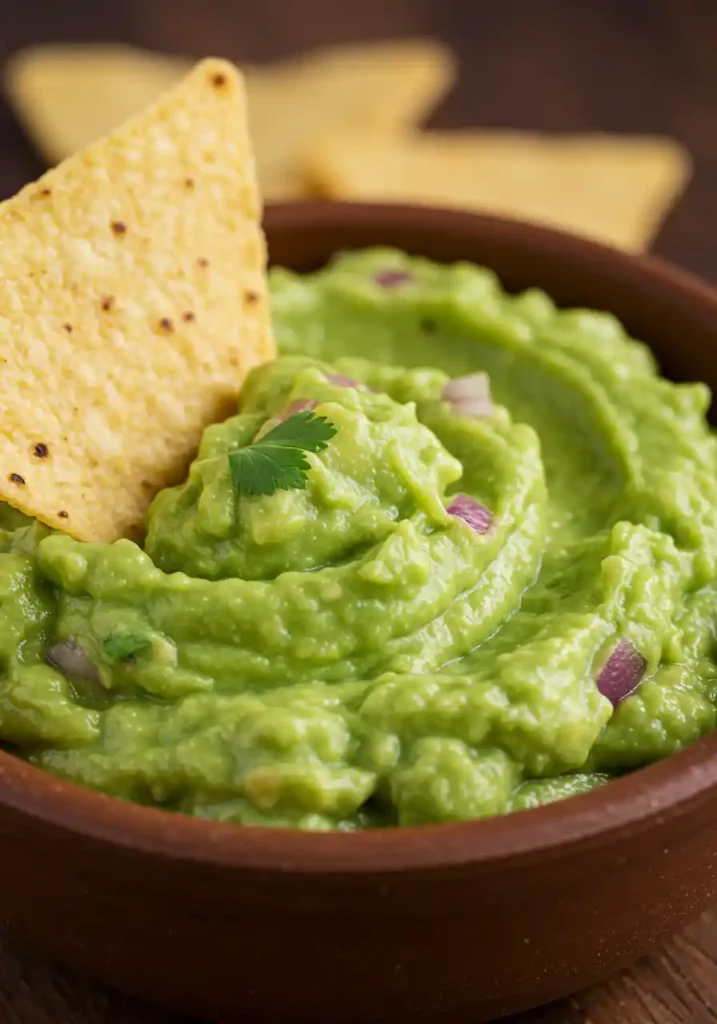 35 Super Easy Snack Ideas for School 14 A small container of fresh guacamole with tortilla chips, a fresh and easy snack idea for school.