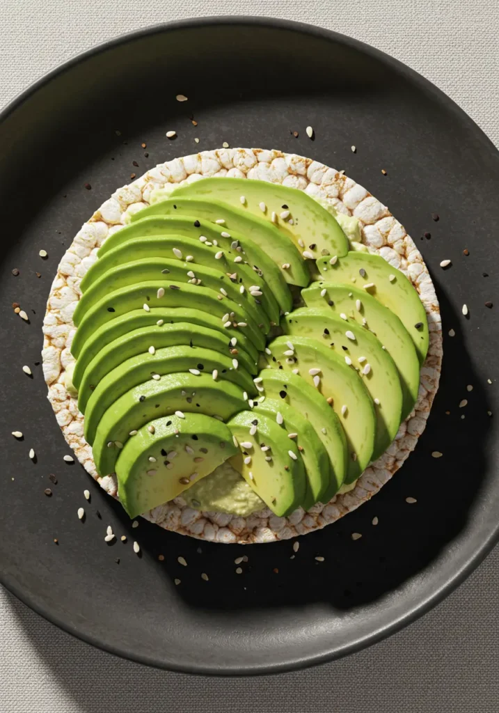 35 Super Easy Snack Ideas for School 12 Rice cakes topped with mashed avocado, a healthy and easy snack idea for school.