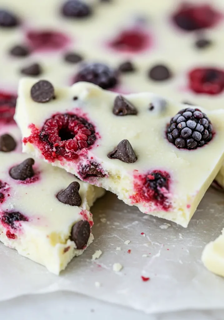 35 Super Easy Snack Ideas for School 40 Pieces of frozen yogurt bark with berry toppings, a cool and easy snack idea for school.