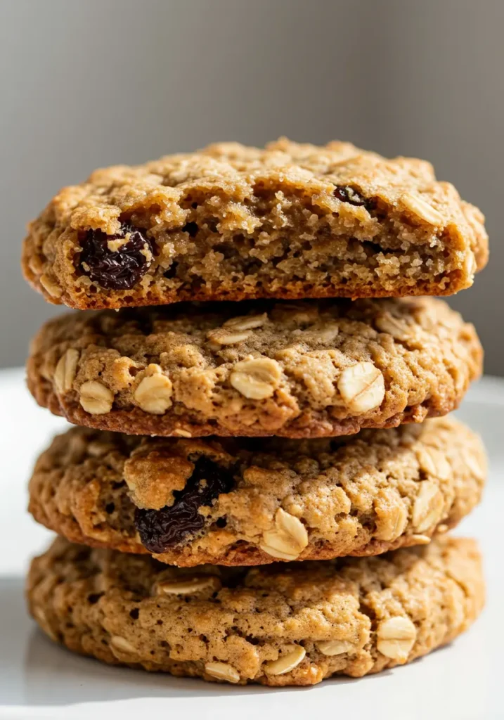 35 Super Easy Snack Ideas for School 22 A stack of low-sugar oatmeal raisin cookies, a wholesome and easy snack idea for school.