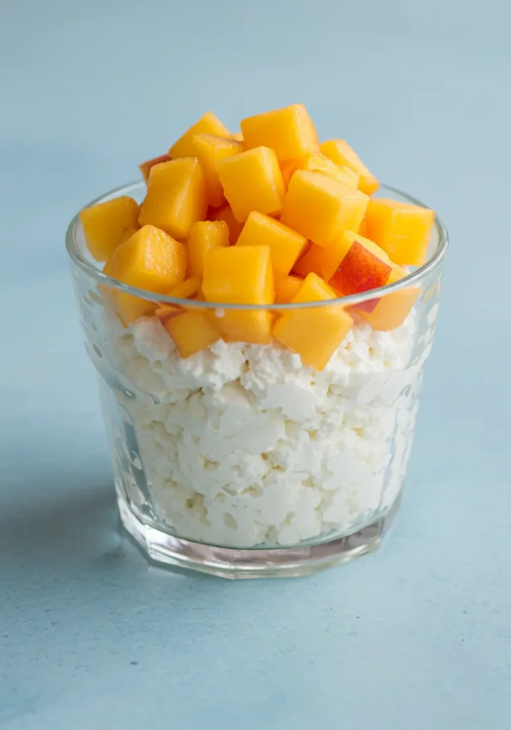 35 Super Easy Snack Ideas for School 13 A bowl of cottage cheese topped with diced peaches, a protein-rich and easy snack idea for school.