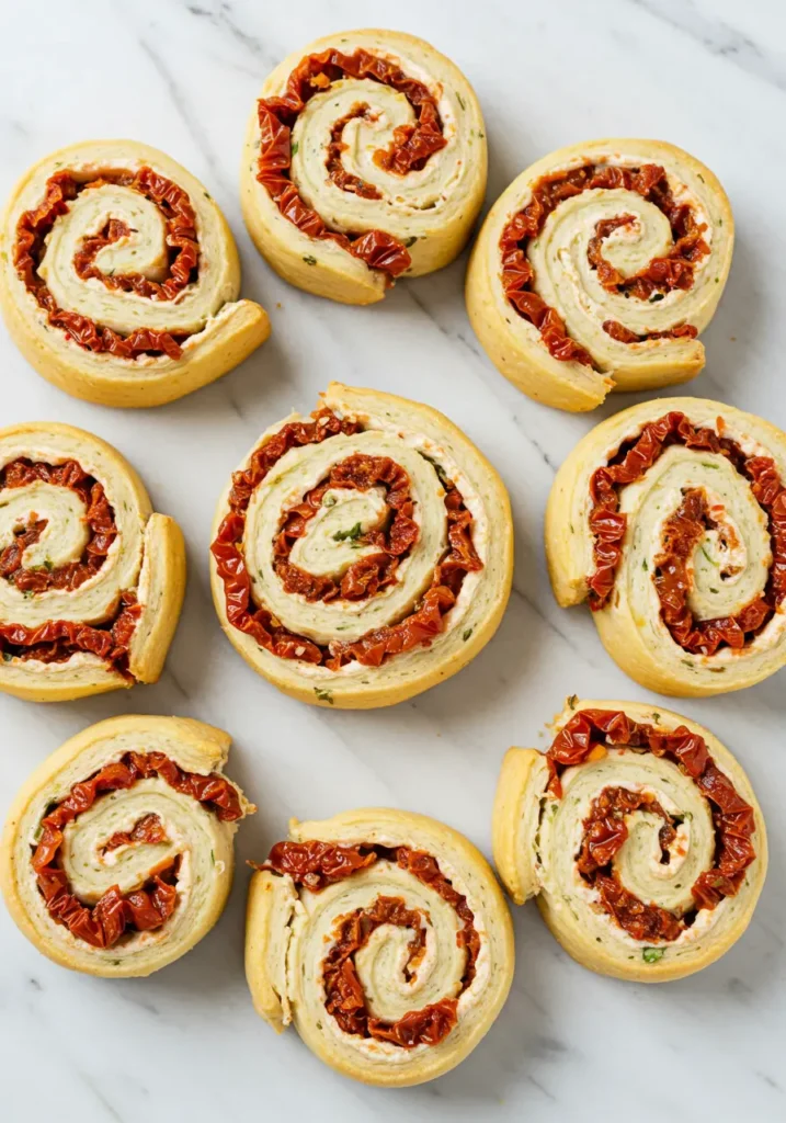35 Super Easy Snack Ideas for School 39 Sun-dried tomato and basil pinwheels on a plate, a flavorful and easy snack idea for school.